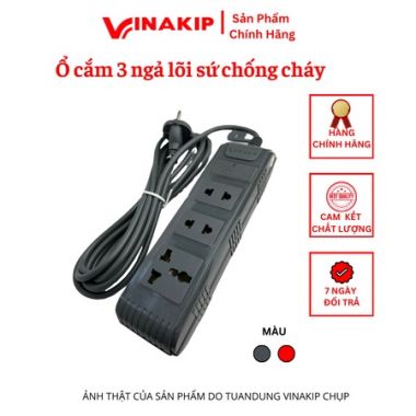 Ổ cắm lõi sứ chống cháy 4500w 3 ngả liền dây Vinakip 3m