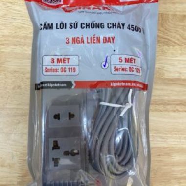 Ổ cắm lõi sứ chống cháy 4500w 3 ngả liền dây Vinakip 3m