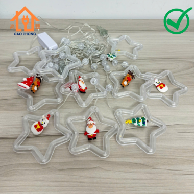 Dây đèn led thả rèm khoen ngôi sao nhiều chế độ có ông già noel đẹp trang trí giáng sinh màu vàng
