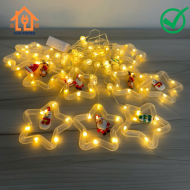 Dây đèn led thả rèm khoen ngôi sao nhiều chế độ có ông già noel đẹp trang trí giáng sinh màu vàng