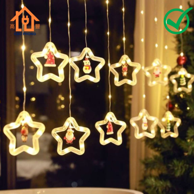 Dây đèn led thả rèm khoen ngôi sao nhiều chế độ có ông già noel đẹp trang trí giáng sinh màu vàng