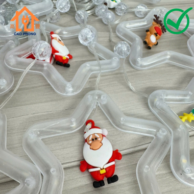 Dây đèn led thả rèm khoen ngôi sao nhiều chế độ có ông già noel đẹp trang trí giáng sinh màu vàng