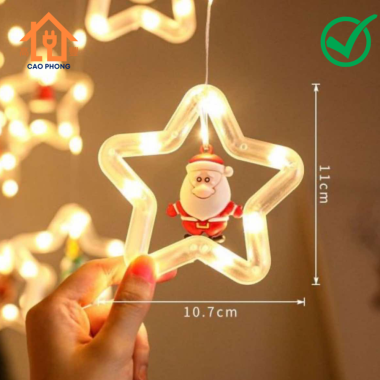 Dây đèn led thả rèm khoen ngôi sao nhiều chế độ có ông già noel đẹp trang trí giáng sinh màu vàng