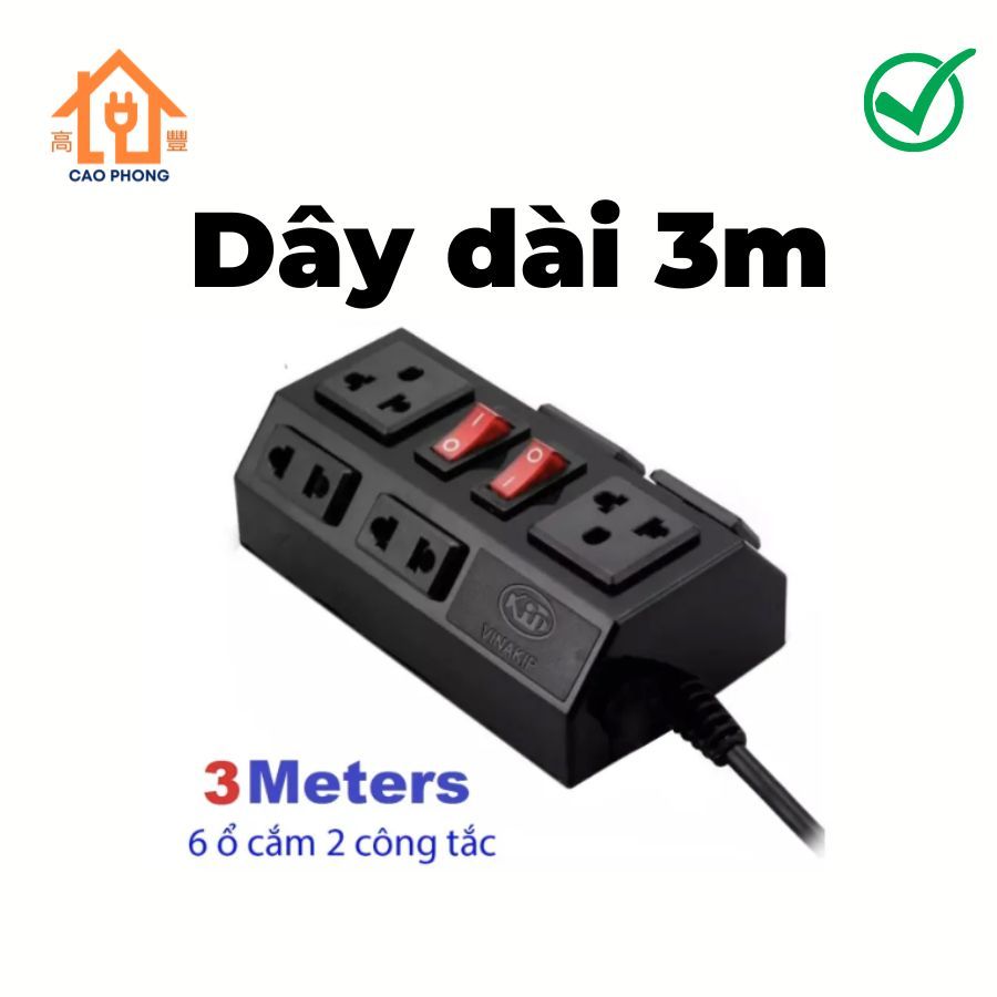 Ổ cắm liền dây 6 ngả 2 công tắc VINAKIP 3m
